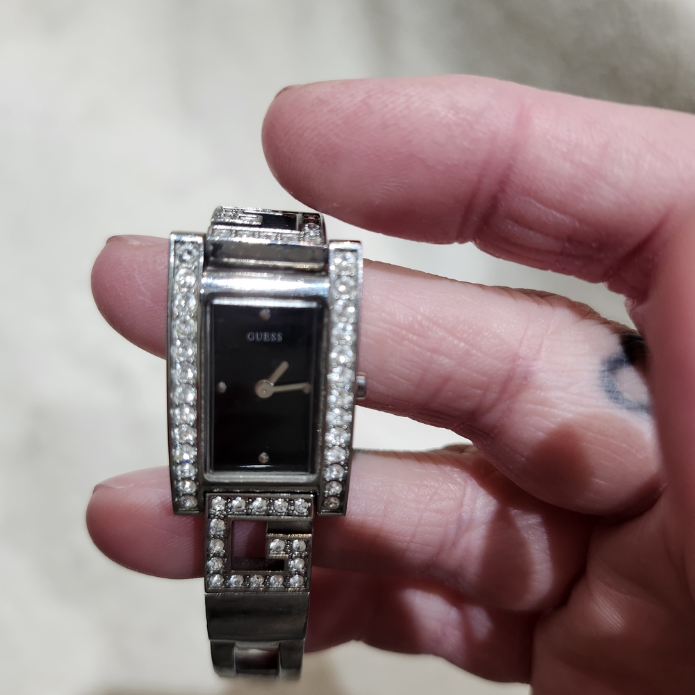 Guess Silver and Black Watch with Crystal Accents